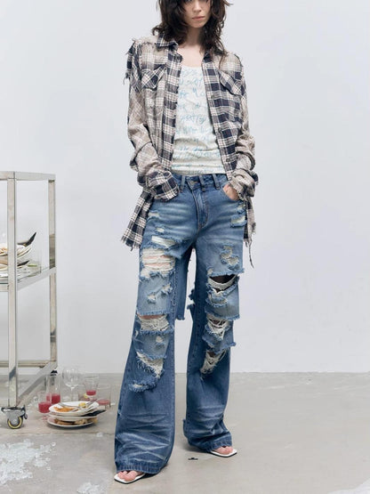 FULLTIDE Washed Distressed Wide Leg Low Rise Women&