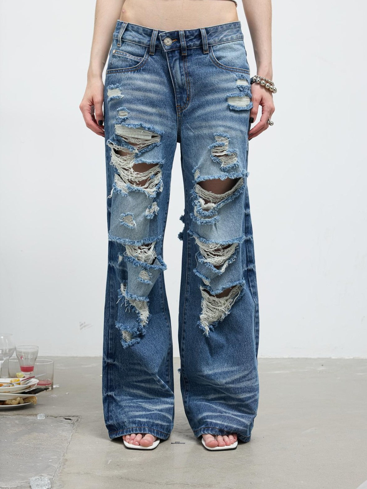 FULLTIDE Washed Distressed Wide Leg Low Rise Women&