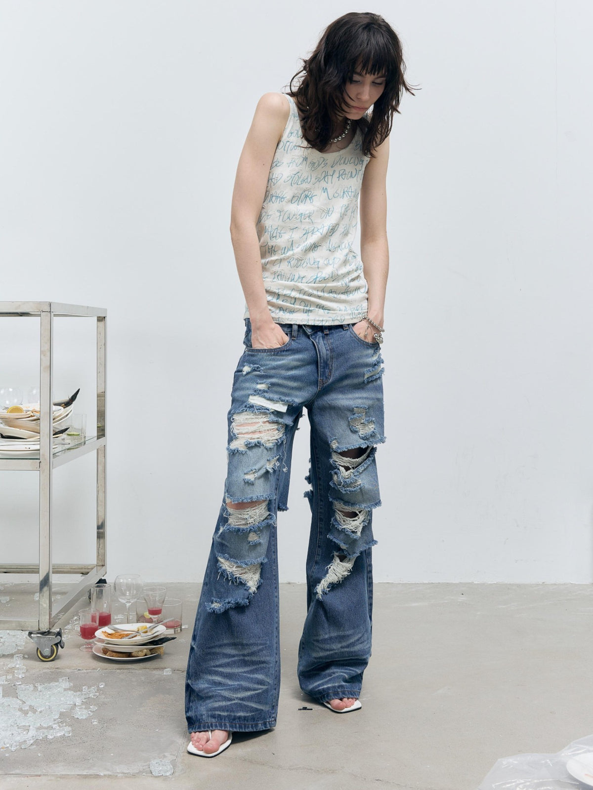 FULLTIDE Washed Distressed Wide Leg Low Rise Women&