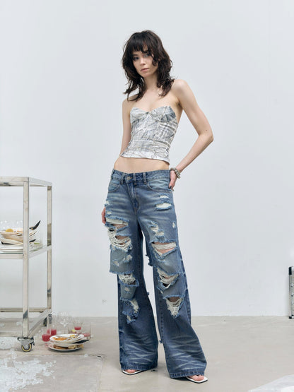 FULLTIDE Washed Distressed Wide Leg Low Rise Women&