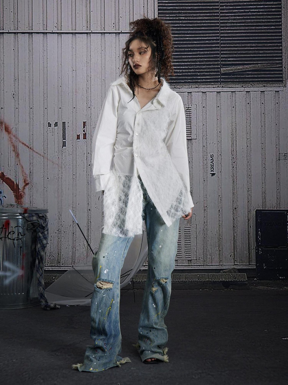 FULLTIDE White Lace Patchwork Irregular Cutout Mid Length Women&
