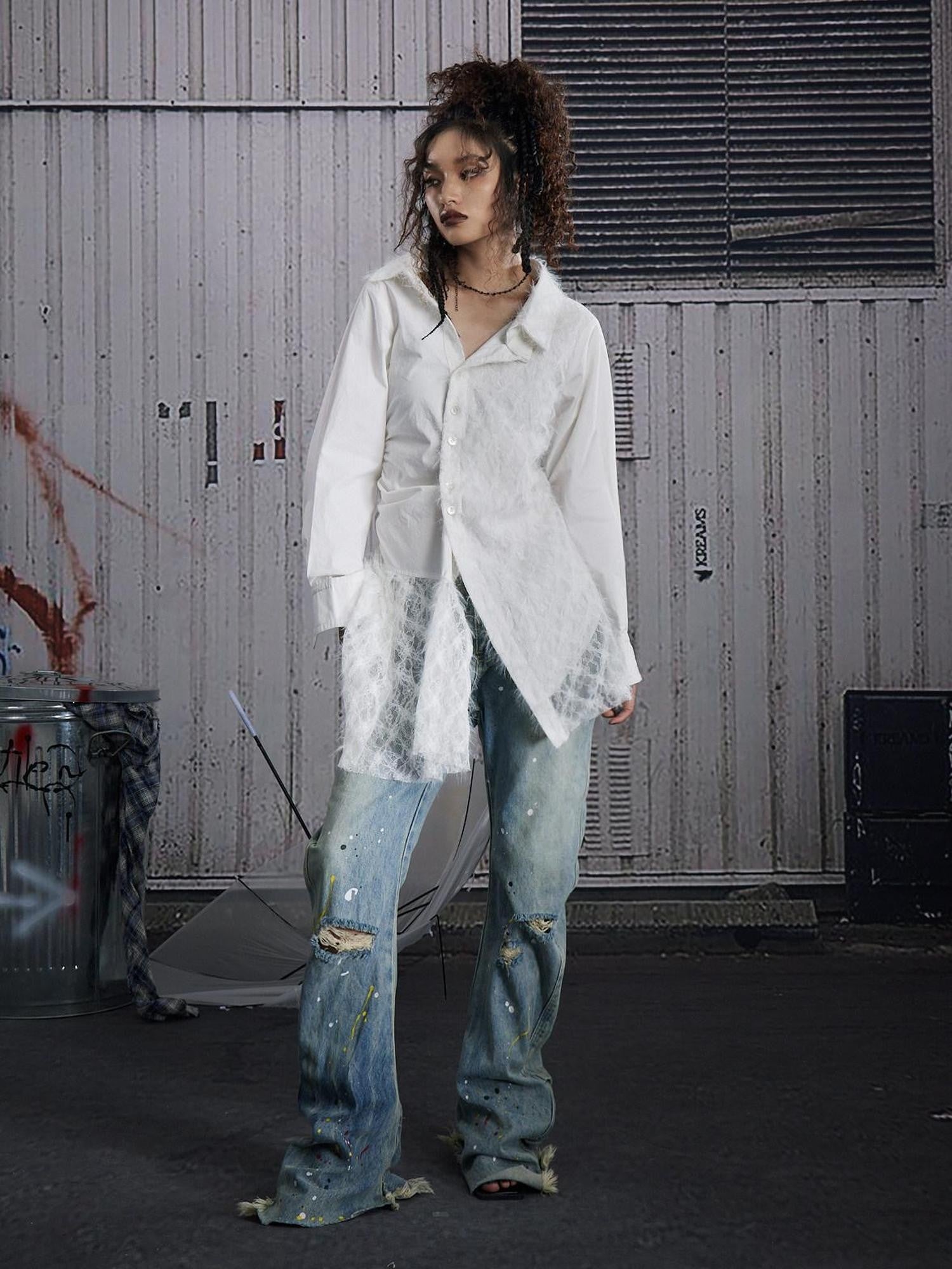 FULLTIDE White Lace Patchwork Irregular Cutout Mid Length Women&