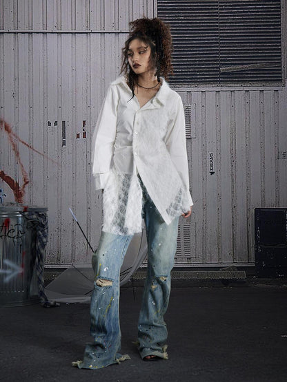 FULLTIDE White Lace Patchwork Irregular Cutout Mid Length Women&