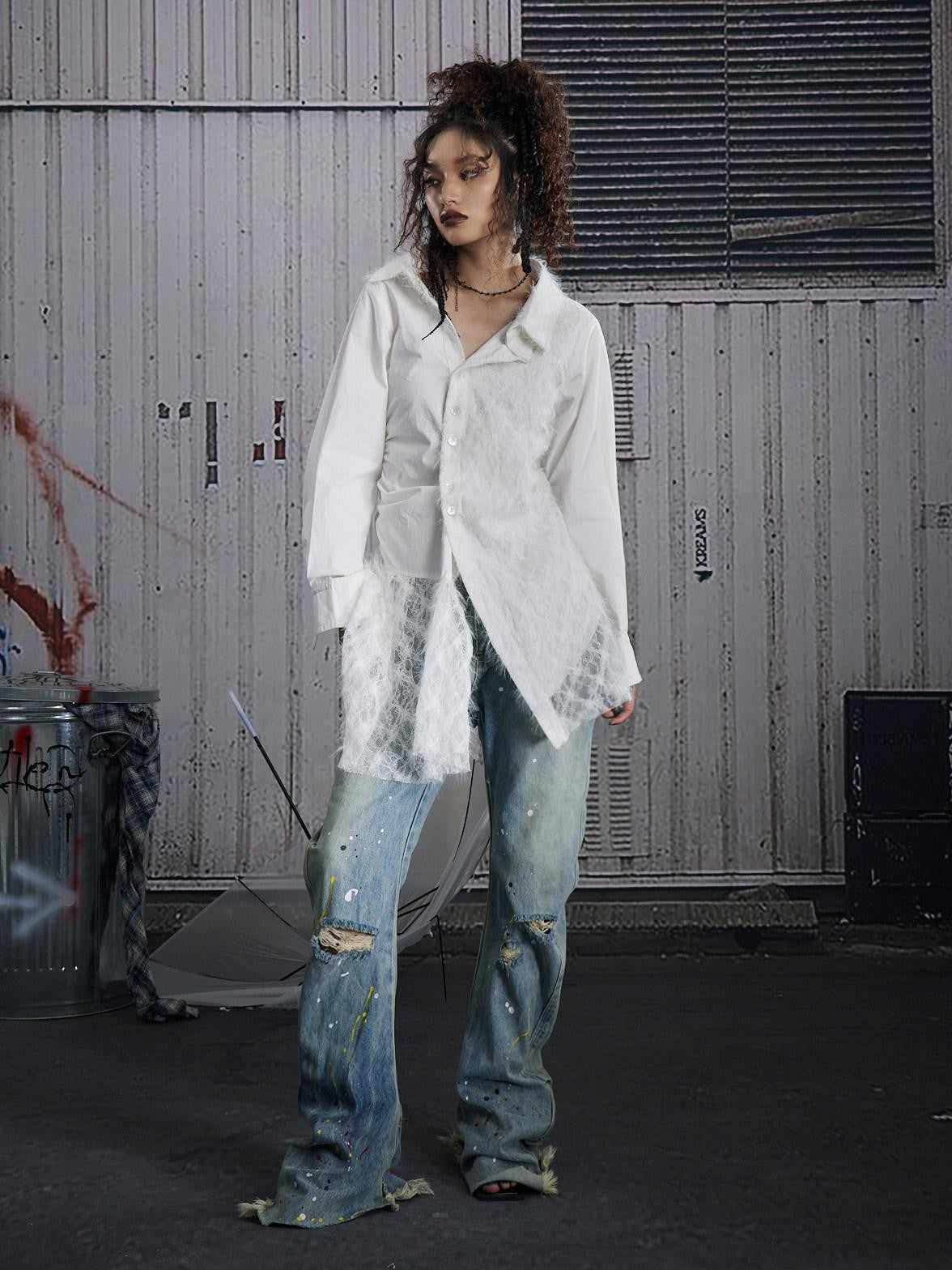 FULLTIDE White Lace Patchwork Irregular Cutout Mid Length Women&