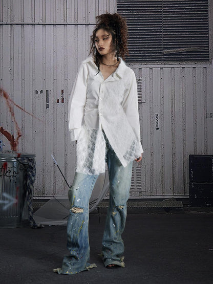 FULLTIDE White Lace Patchwork Irregular Cutout Mid Length Women&