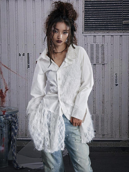 FULLTIDE White Lace Patchwork Irregular Cutout Mid Length Women&