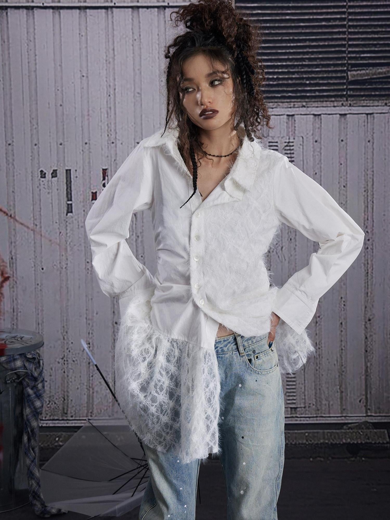 FULLTIDE White Lace Patchwork Irregular Cutout Mid Length Women&