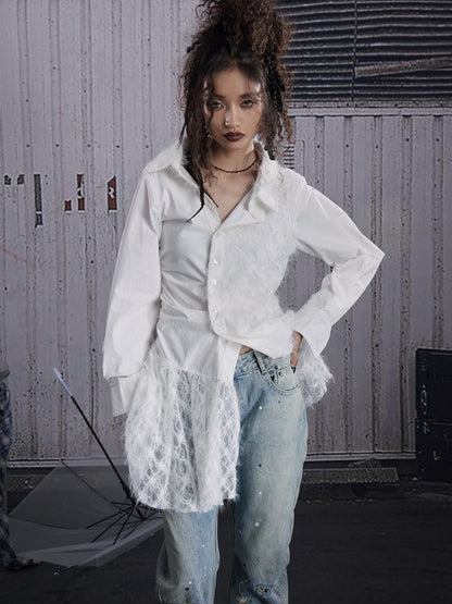 FULLTIDE White Lace Patchwork Irregular Cutout Mid Length Women&