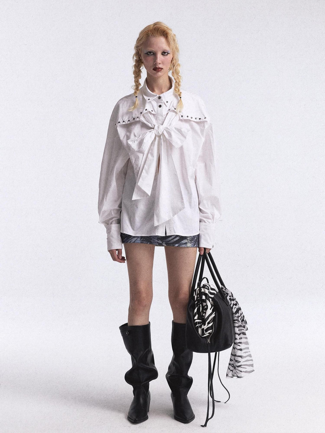 FULLTIDE White Studded Tie 3d Tailored Utility Buttoned Women&
