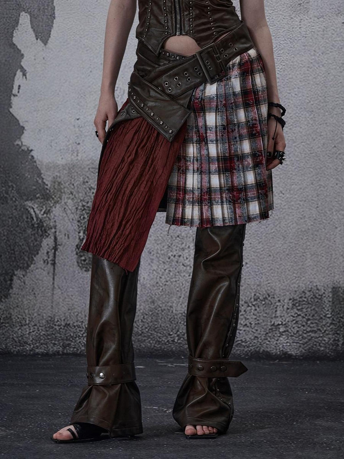 FULLTIDE Wine Red Plaid Pleated A Line Mid Waist Studded Tassel Chain Pockets Midi Skirt