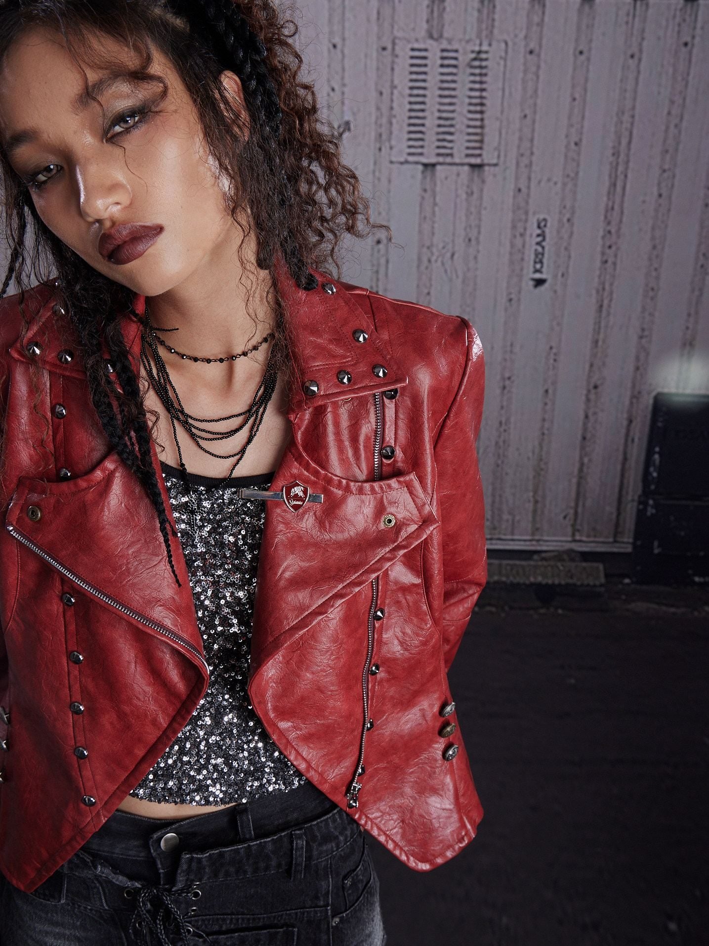 FULLTIDE_Wine_Red_Studded_Punk_Slim_Short_Notched_Lapel_Zipper_Women&
