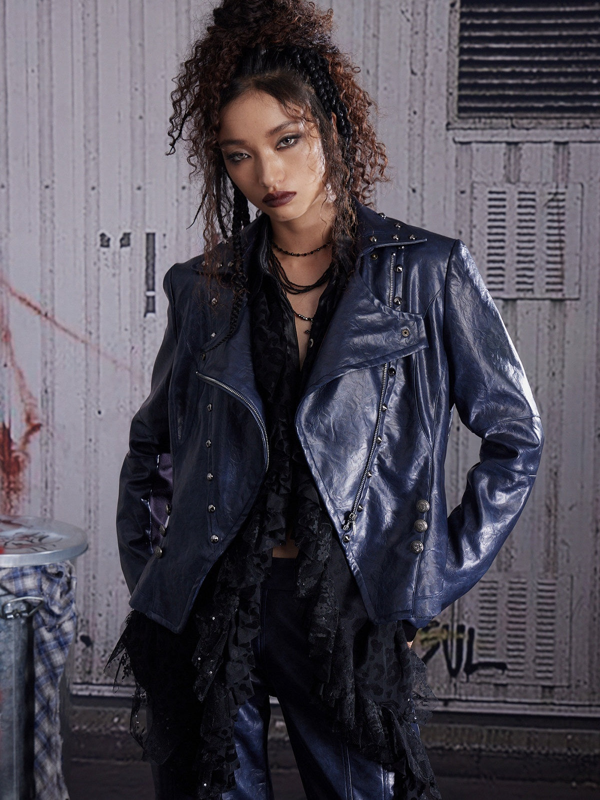 FULLTIDE_Wine_Red_Studded_Punk_Slim_Short_Notched_Lapel_Zipper_Women&