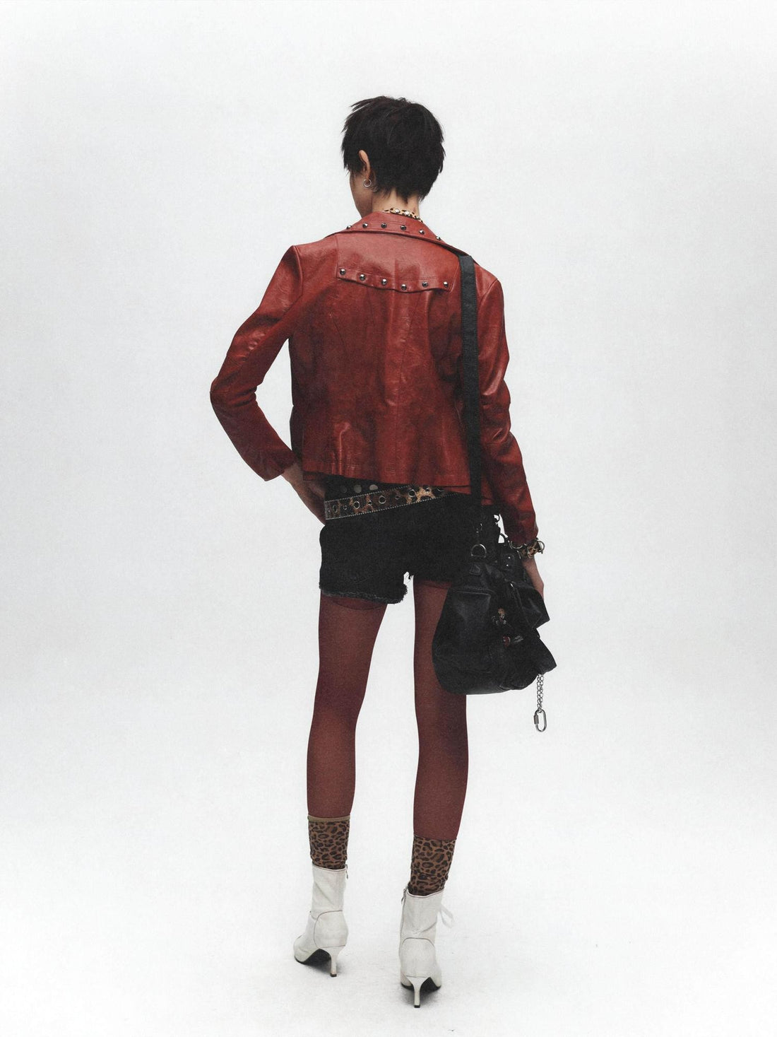 FULLTIDE Wine Red Studded Punk Slim Short Notched Lapel Zipper Women&