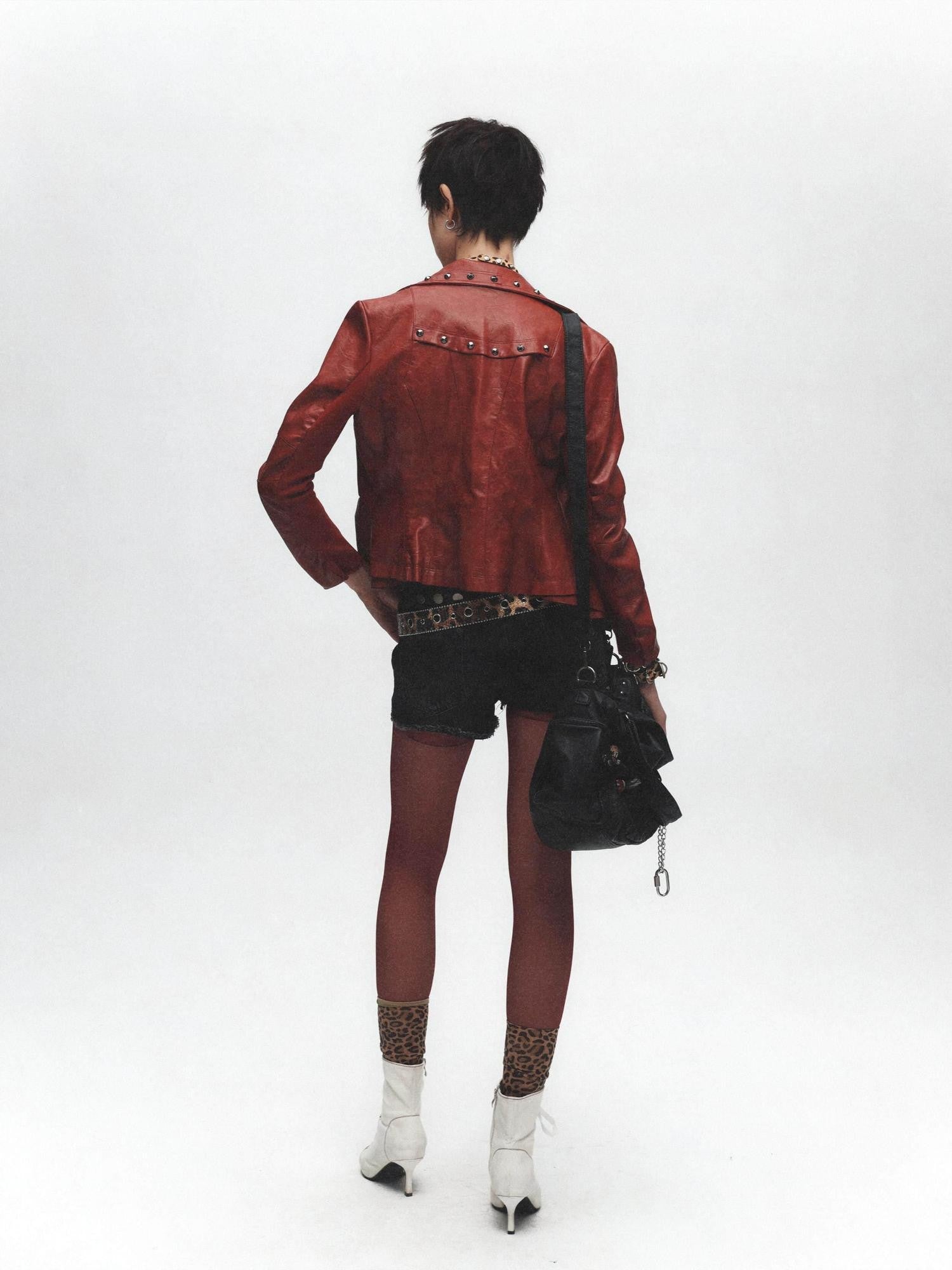 FULLTIDE Wine Red Studded Punk Slim Short Notched Lapel Zipper Women&