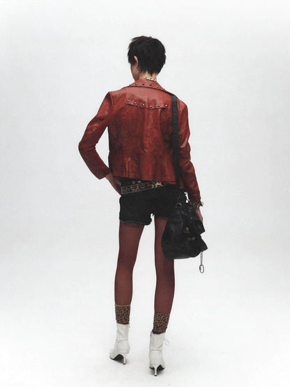 FULLTIDE Wine Red Studded Punk Slim Short Notched Lapel Zipper Women&