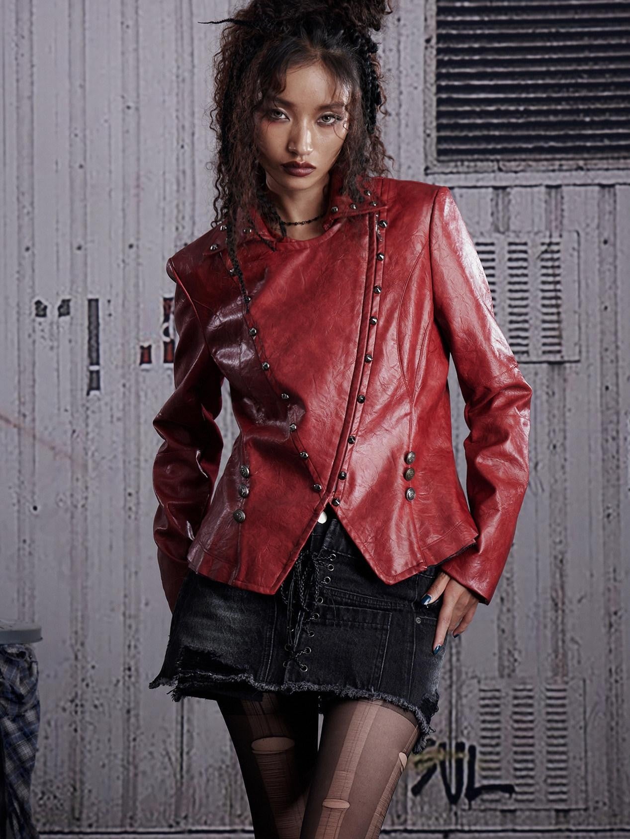 FULLTIDE Wine Red Studded Punk Slim Short Notched Lapel Zipper Women&