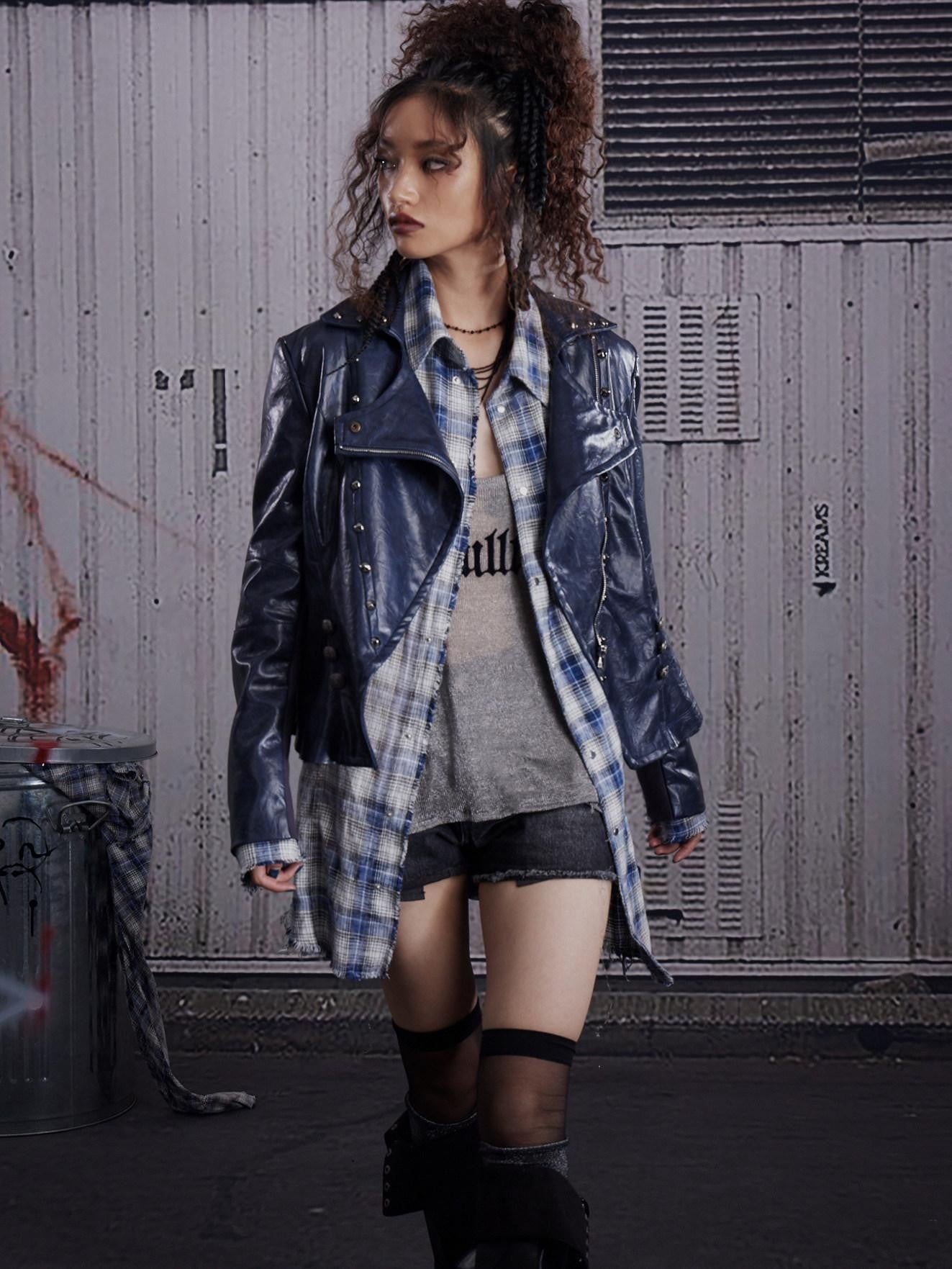 FULLTIDE Wine Red Studded Punk Slim Short Notched Lapel Zipper Women&
