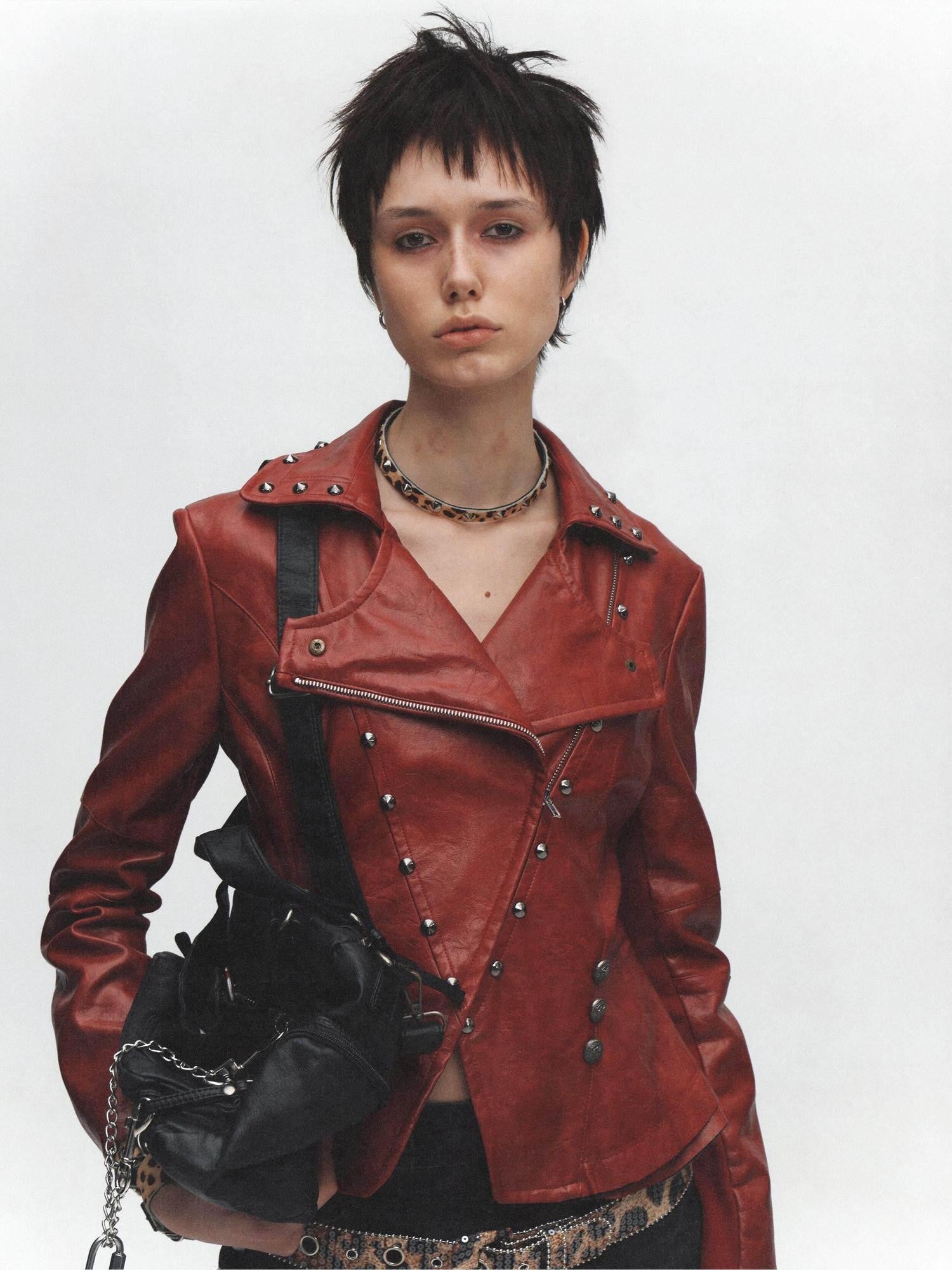 FULLTIDE Wine Red Studded Punk Slim Short Notched Lapel Zipper Women&