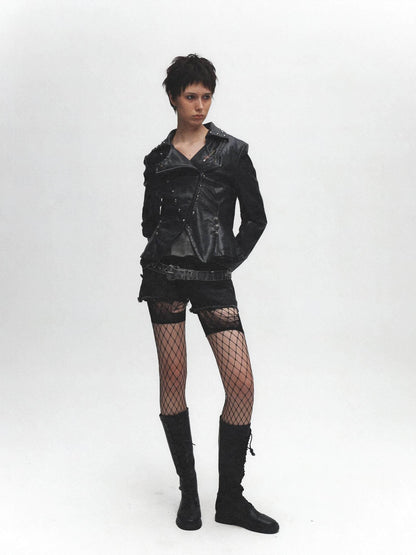 FULLTIDE Wine Red Studded Punk Slim Short Notched Lapel Zipper Women&