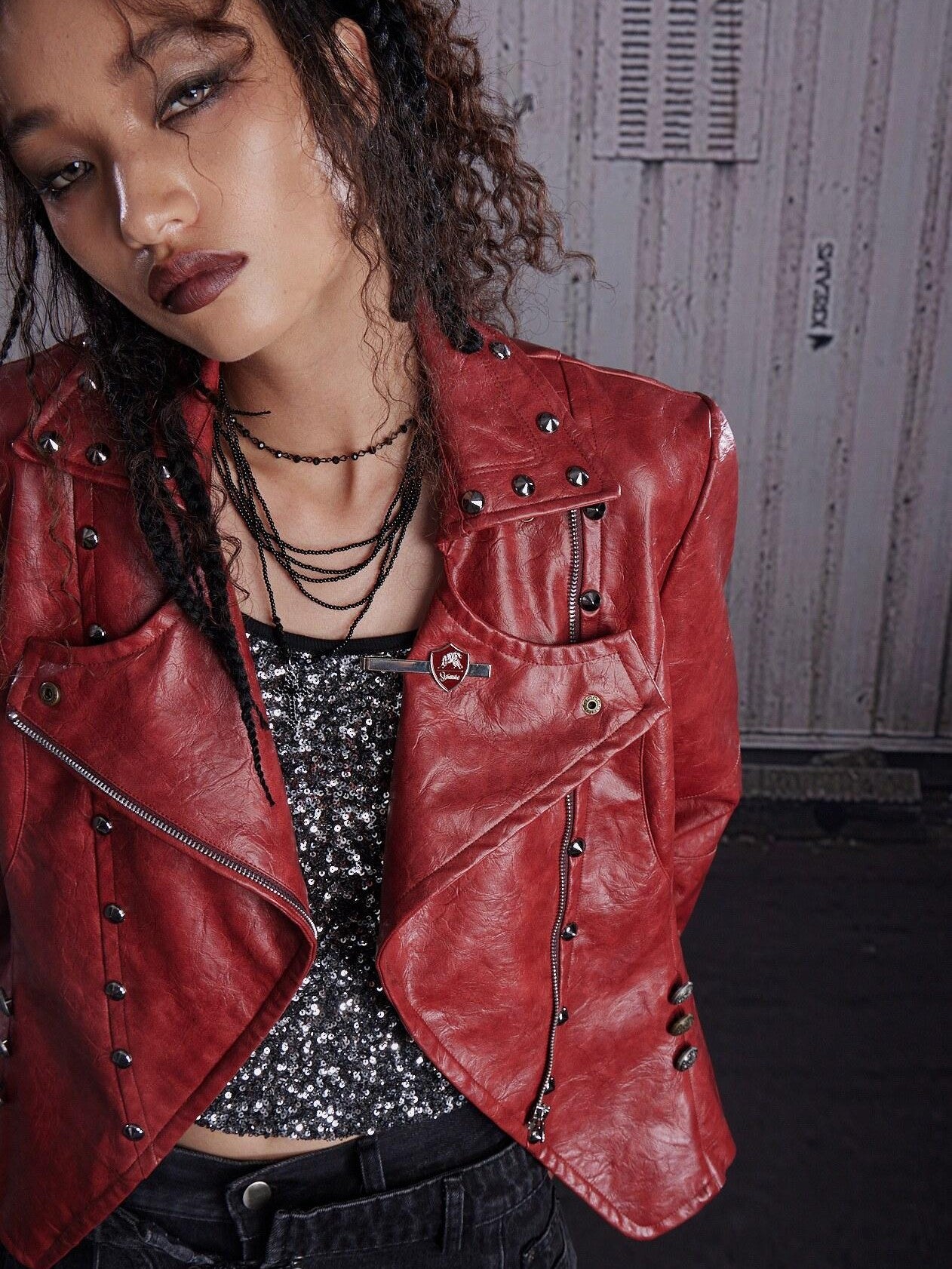 FULLTIDE Wine Red Studded Punk Slim Short Notched Lapel Zipper Women&