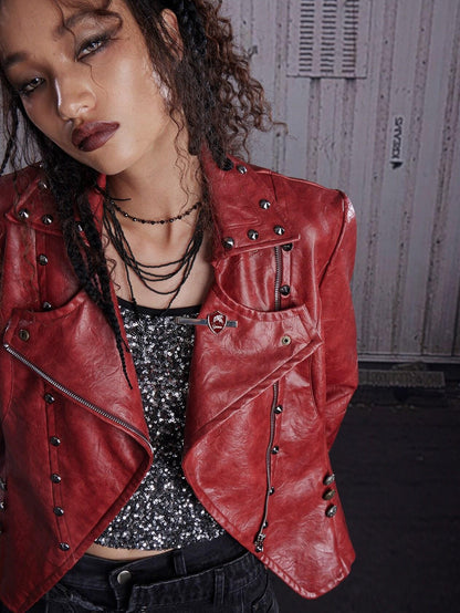 FULLTIDE Wine Red Studded Punk Slim Short Notched Lapel Zipper Women&