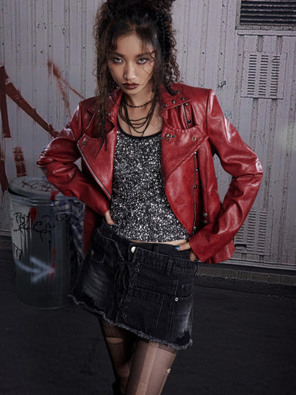 FULLTIDE Wine Red Studded Punk Slim Short Notched Lapel Zipper Women&