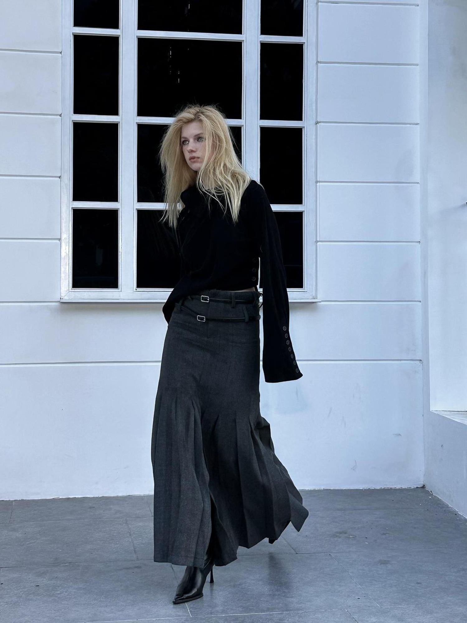 FULLTIDE Wool Blend Tailored Mid Rise Suit Style Women Versatile Maxi Skirt