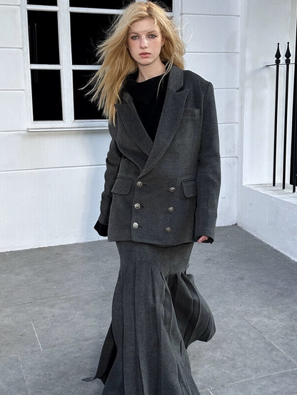 FULLTIDE Wool Blend Tailored Mid Rise Suit Style Women Versatile Maxi Skirt