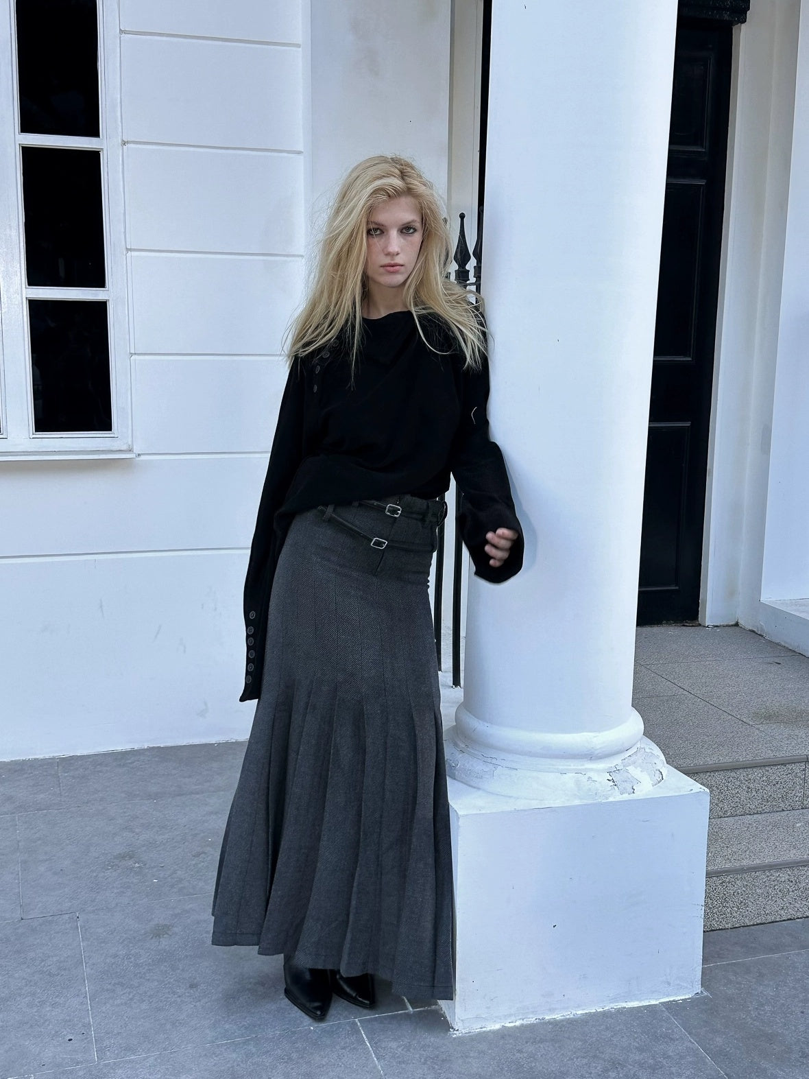 FULLTIDE Wool Blend Tailored Mid Rise Suit Style Women Versatile Maxi Skirt
