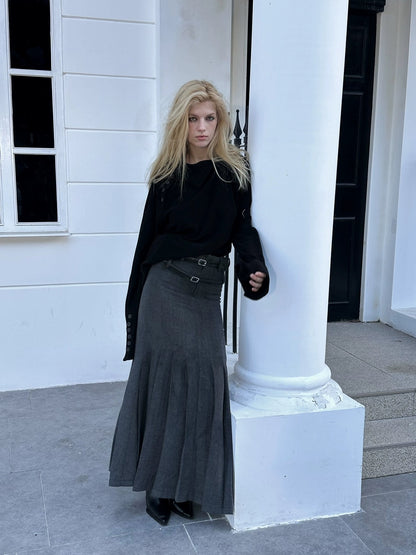 FULLTIDE Wool Blend Tailored Mid Rise Suit Style Women Versatile Maxi Skirt