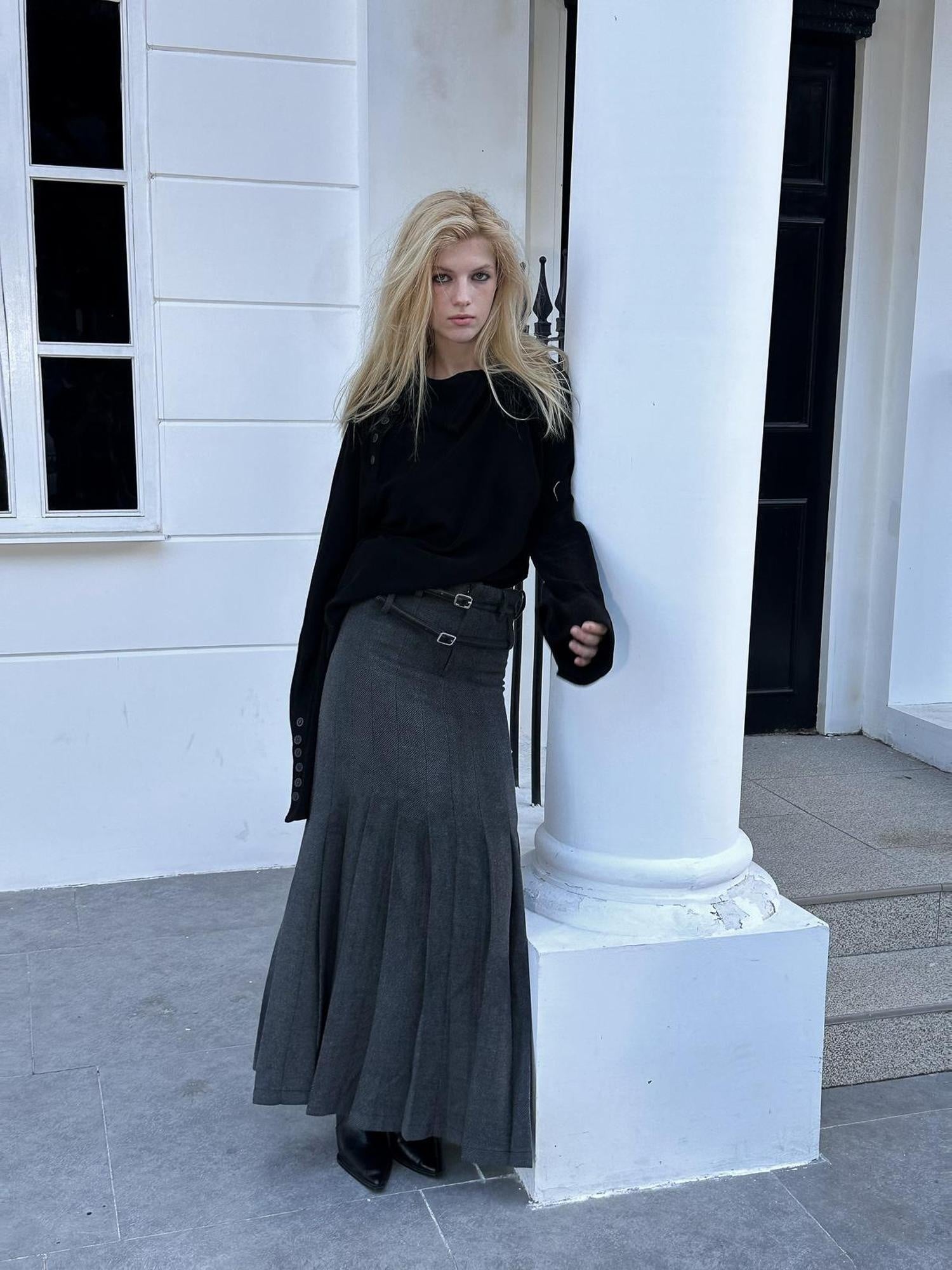 FULLTIDE Wool Blend Tailored Mid Rise Suit Style Women Versatile Maxi Skirt