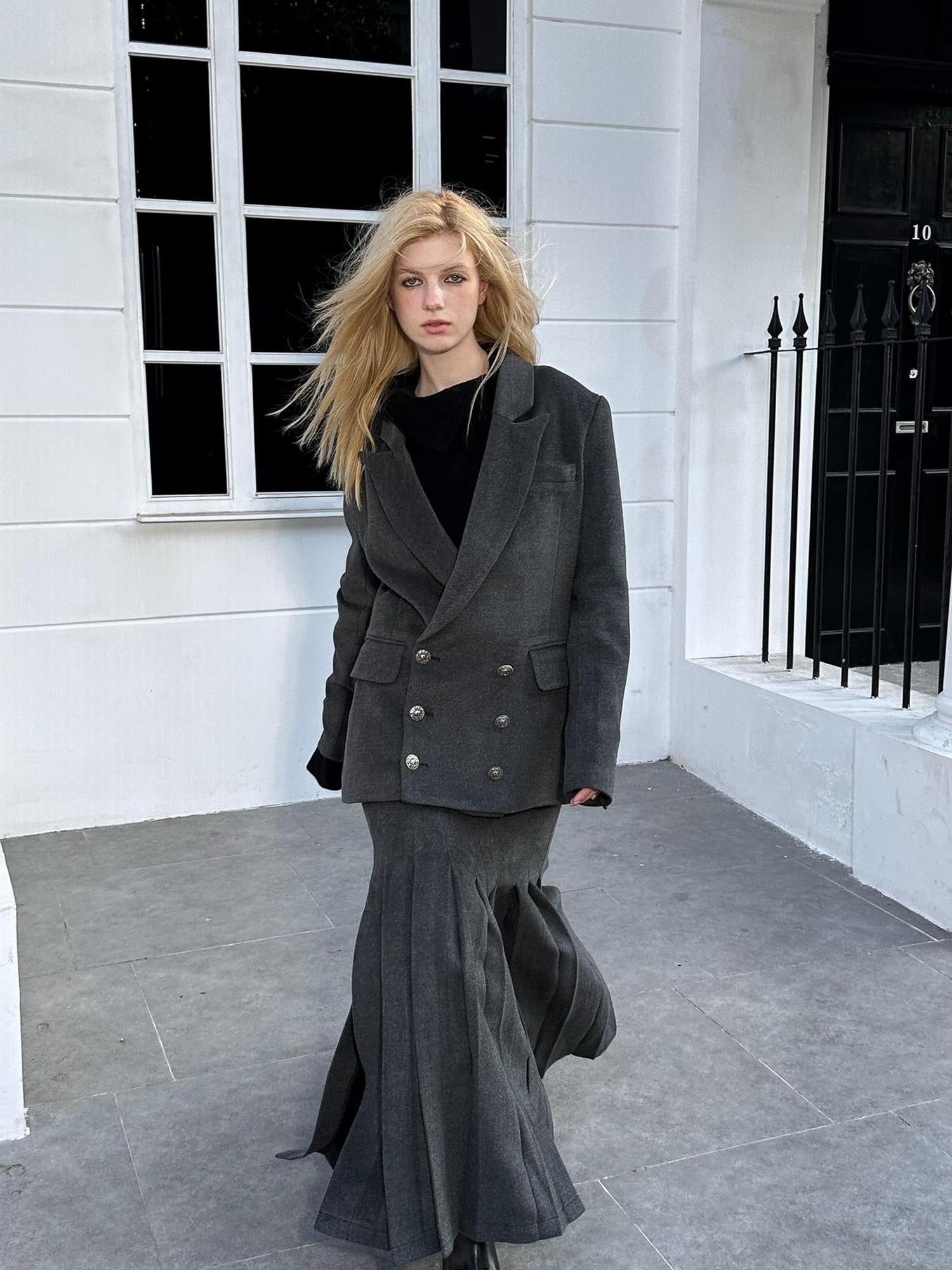 FULLTIDE Wool Blend Tailored Mid Rise Suit Style Women Versatile Maxi Skirt