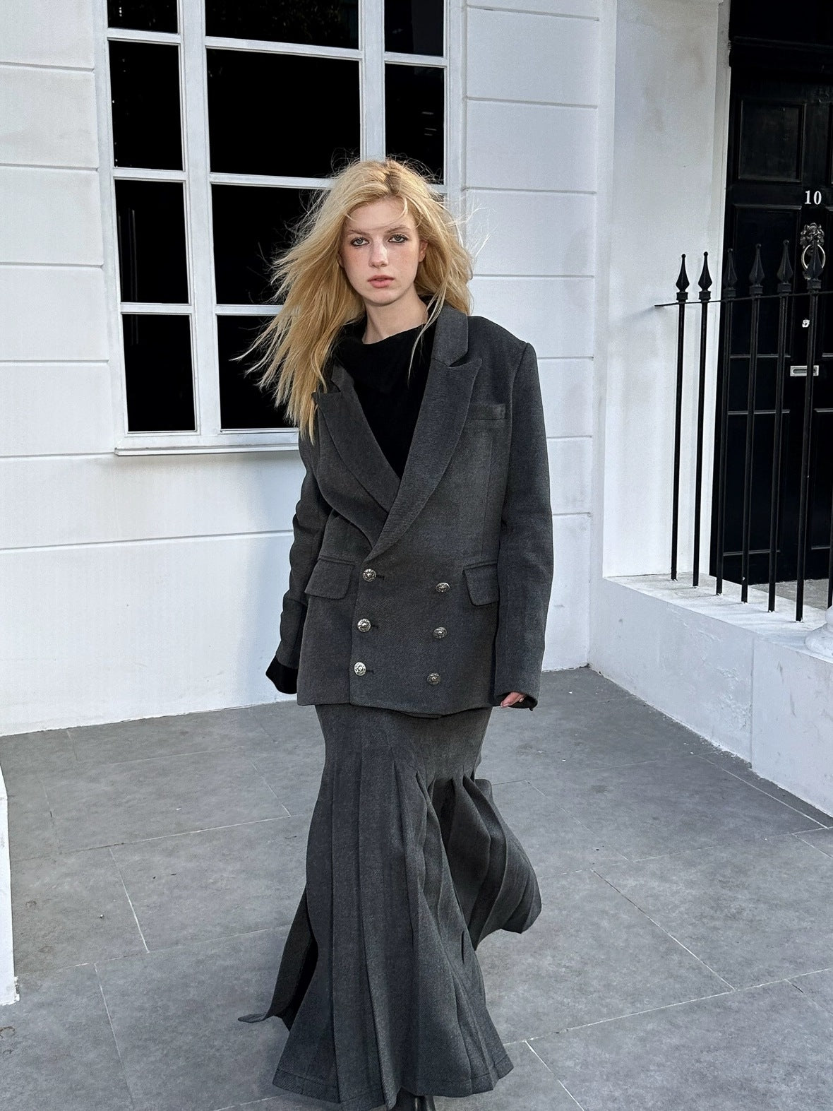 FULLTIDE Wool Blend Tailored Mid Rise Suit Style Women Versatile Maxi Skirt