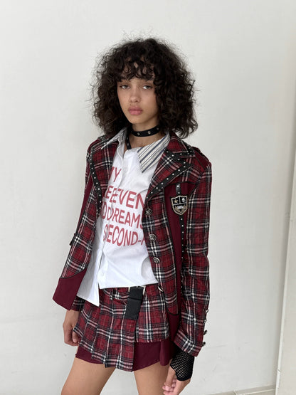 FULLTIDE Wrinkle Resistant Silk Lined Pleated Asymmetric Low Waist Punk Plaid Mini Skirt