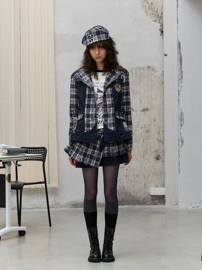 FULLTIDE Wrinkle Resistant Silk Lined Pleated Asymmetric Low Waist Punk Plaid Mini Skirt