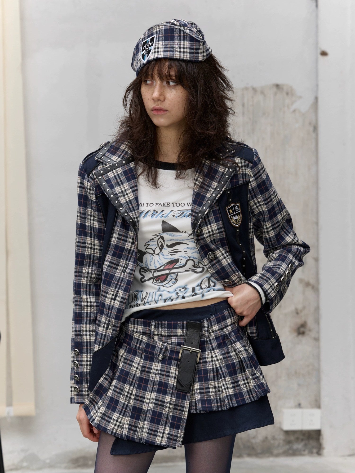 FULLTIDE Wrinkle Resistant Silk Lined Pleated Asymmetric Low Waist Punk Plaid Mini Skirt