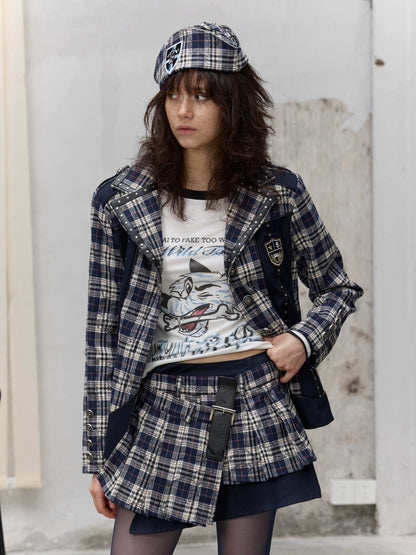 FULLTIDE Wrinkle Resistant Silk Lined Pleated Asymmetric Low Waist Punk Plaid Mini Skirt