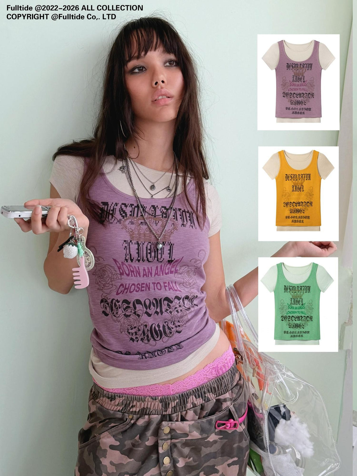 FULLTIDE Y2k Vintage Cross Print Faux Two Piece Layered Women&