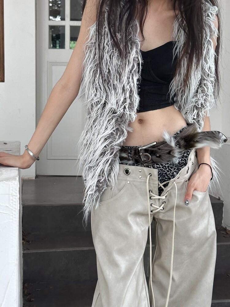 FULLTIDE Yellow Green Gray Gradient Punk Studded Metal Faux Fur Women&