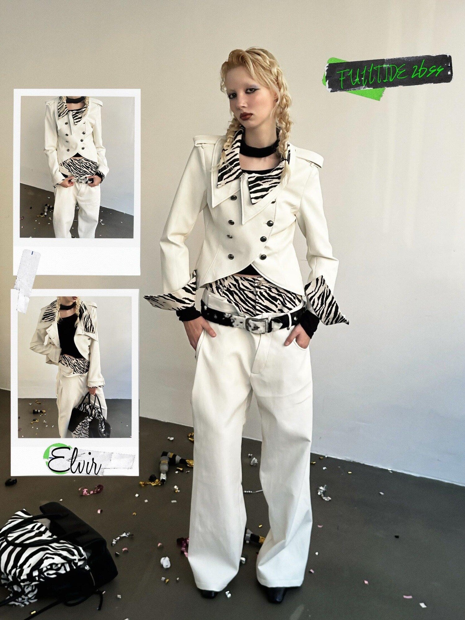 FULLTIDE Zebra Patchwork Asymmetric Double Breasted Vintage Women&