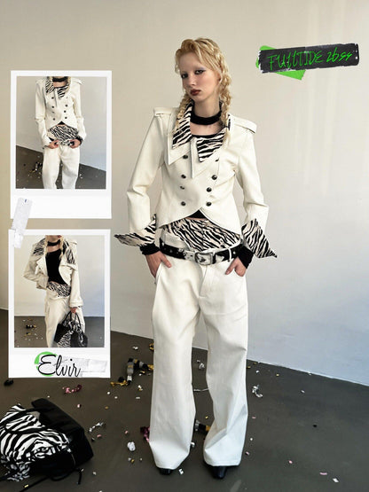 FULLTIDE Zebra Patchwork Asymmetric Double Breasted Vintage Women&