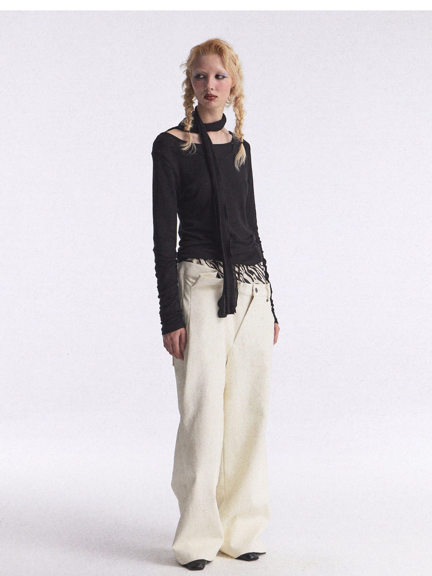 FULLTIDE Zebra Print Asymmetric Washed Double Waist Women&