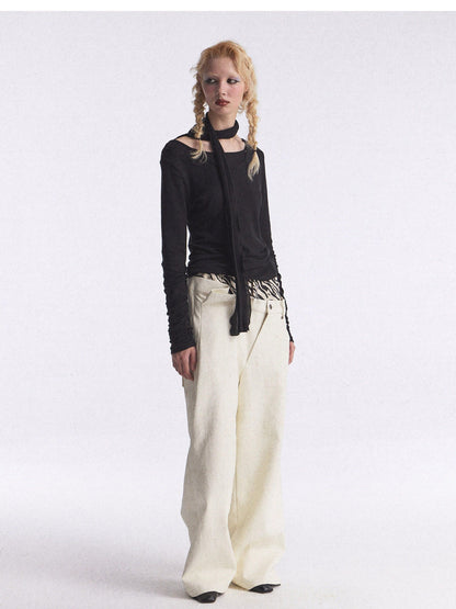 FULLTIDE Zebra Print Asymmetric Washed Double Waist Women&