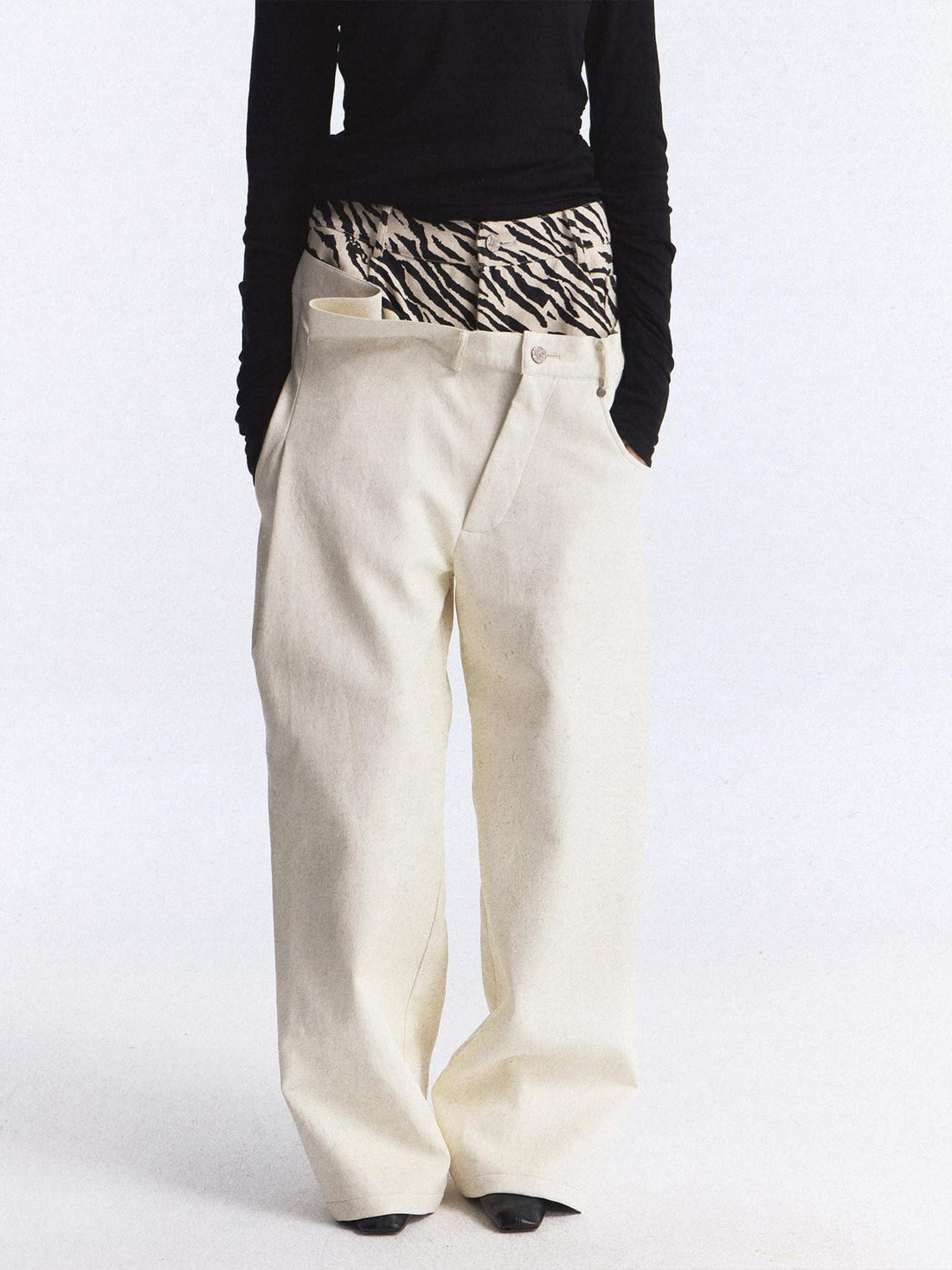 FULLTIDE Zebra Print Asymmetric Washed Double Waist Women&