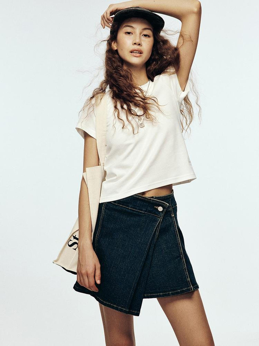 FUSSED 24 Aw High School Wash Asymmetrical Adjustable One Piece Denim Skirt