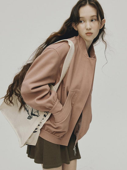 FUSSED 24 Aw Textured Ceramic Blush Baseball Jacket With Deconstructed Panels