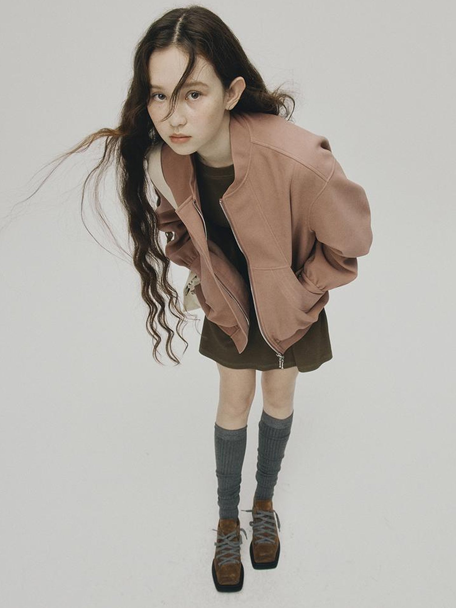 FUSSED 24 Aw Textured Ceramic Blush Baseball Jacket With Deconstructed Panels