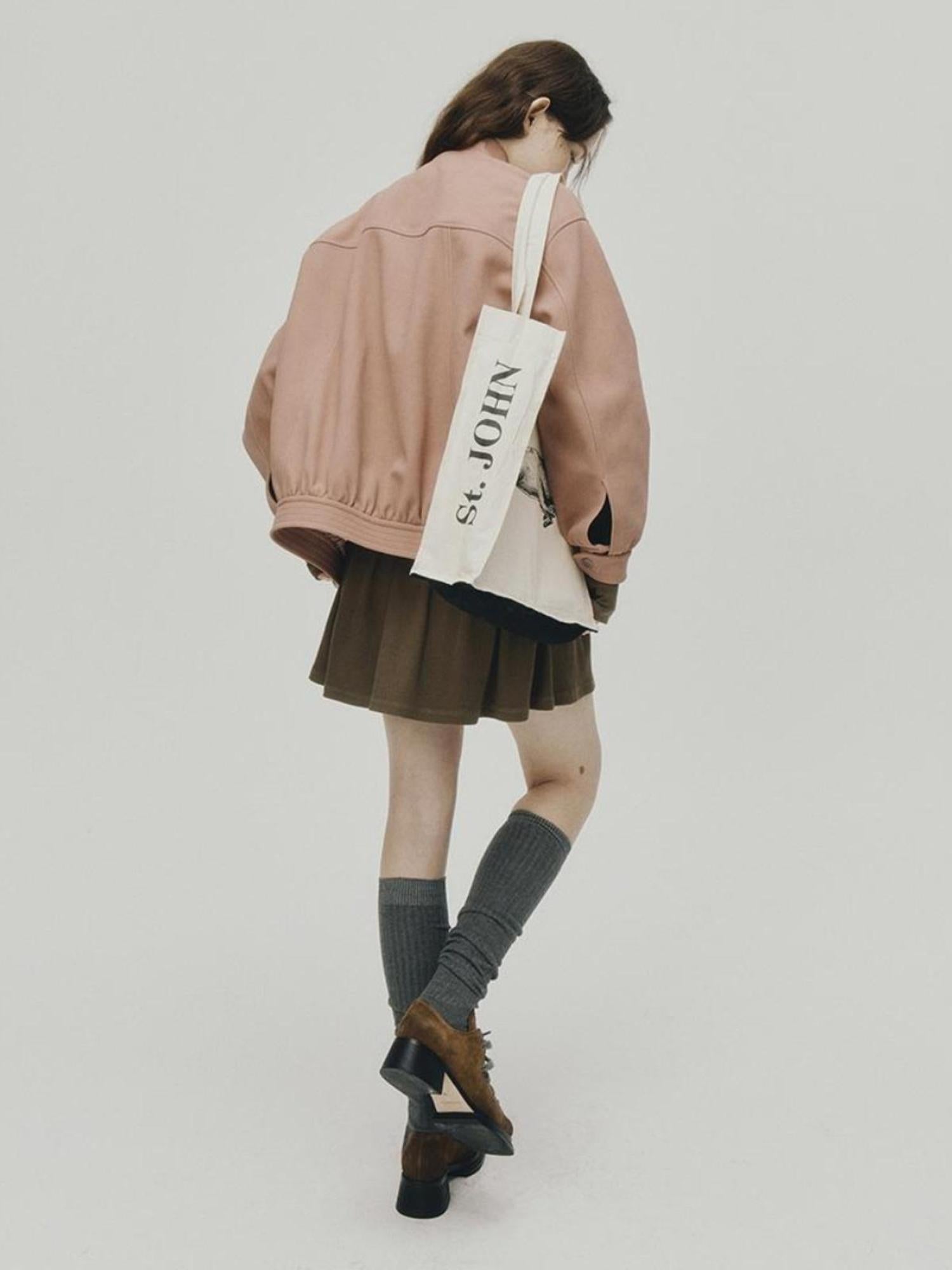 FUSSED 24 Aw Textured Ceramic Blush Baseball Jacket With Deconstructed Panels
