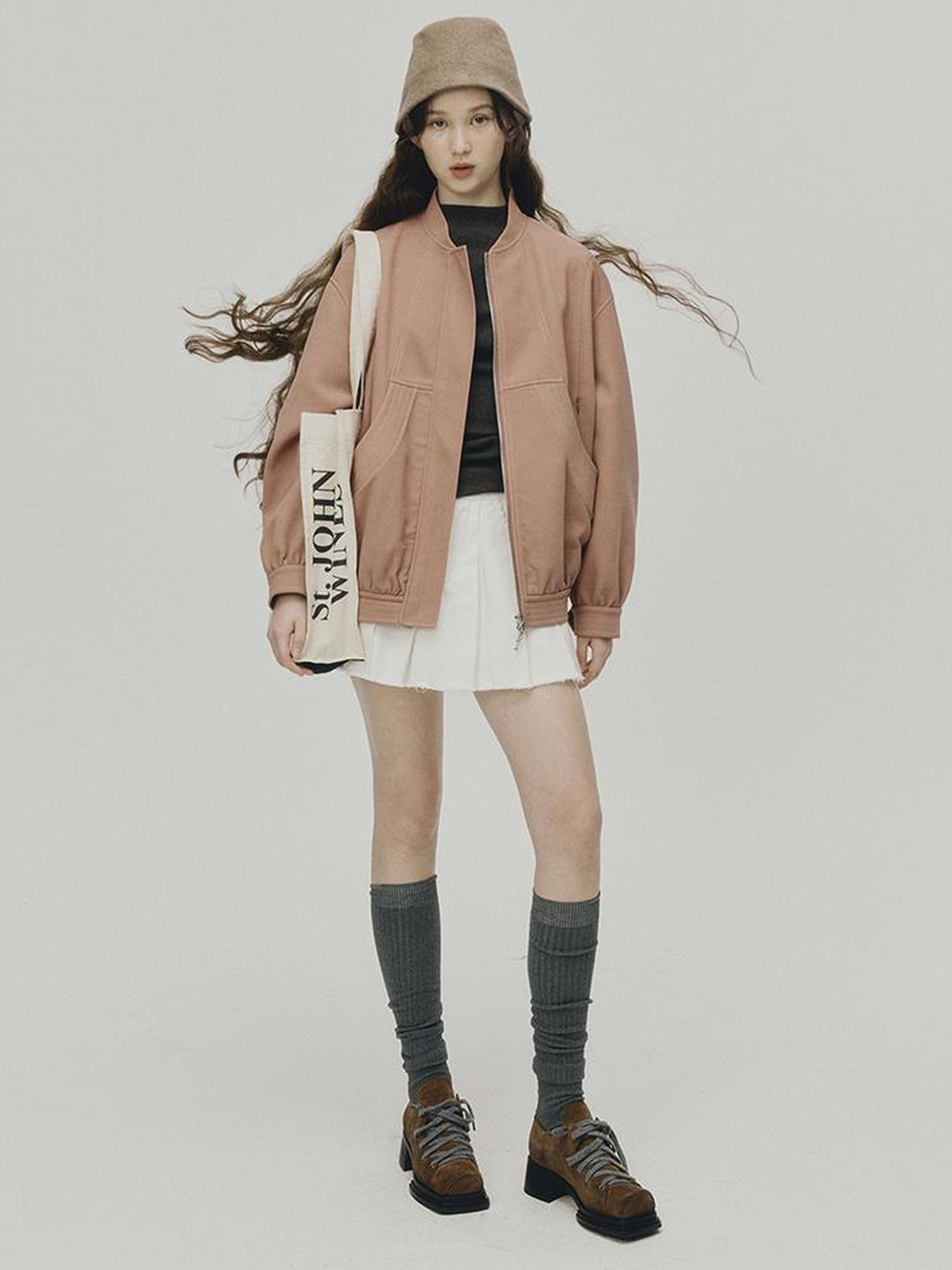 FUSSED 24 Aw Textured Ceramic Blush Baseball Jacket With Deconstructed Panels