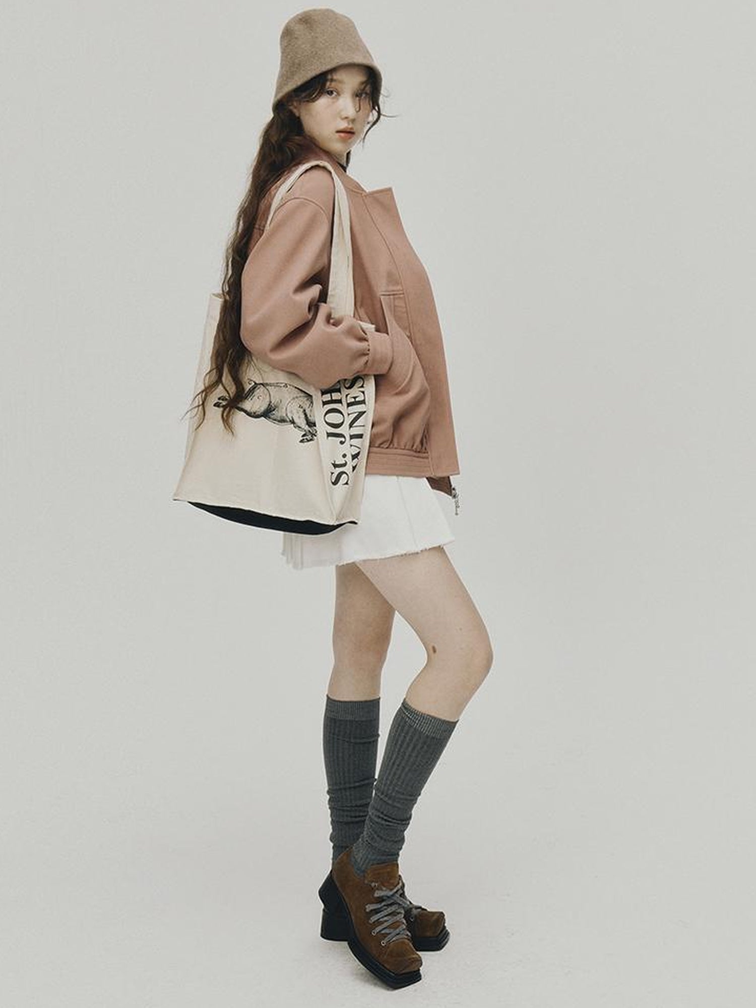 FUSSED 24 Aw Textured Ceramic Blush Baseball Jacket With Deconstructed Panels